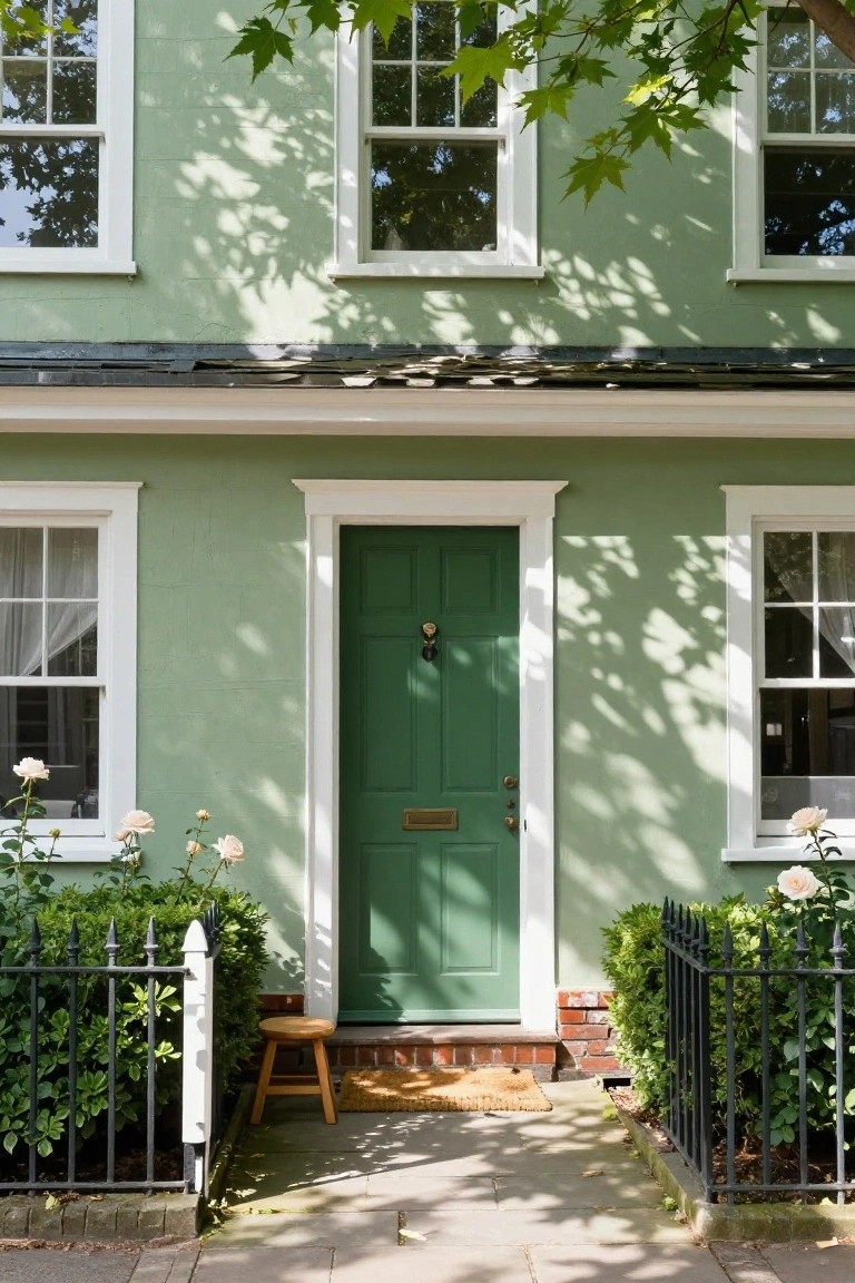 Sage green two-story house exterior with white window trim, dark green front door featuring brass knocker and letterbox, flanked by black iron railings with boxwood hedges and clusters of white roses.