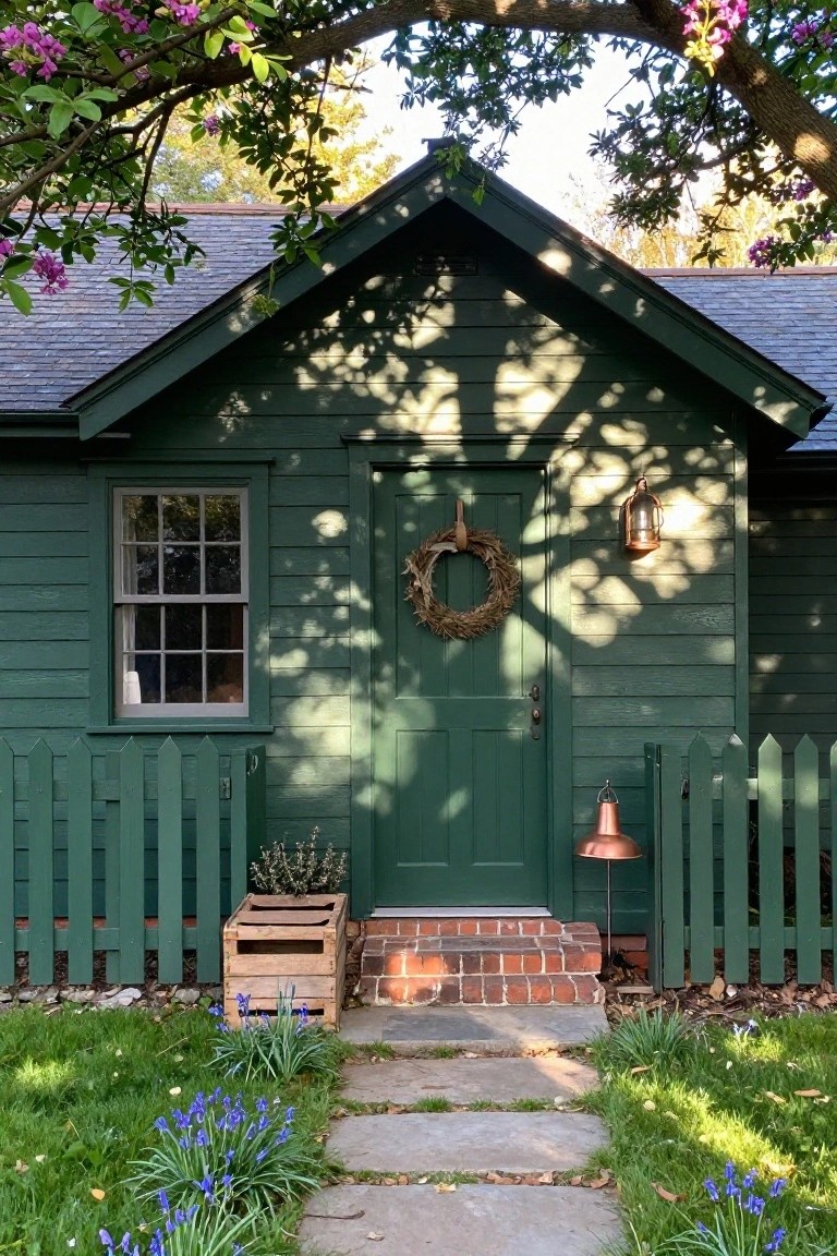Green shingled cottage with matching green picket fence, open gate, stone walkway lined with blue flowers and greenery, wooden crate planter, copper lantern, and wheat wreath on the green front door.