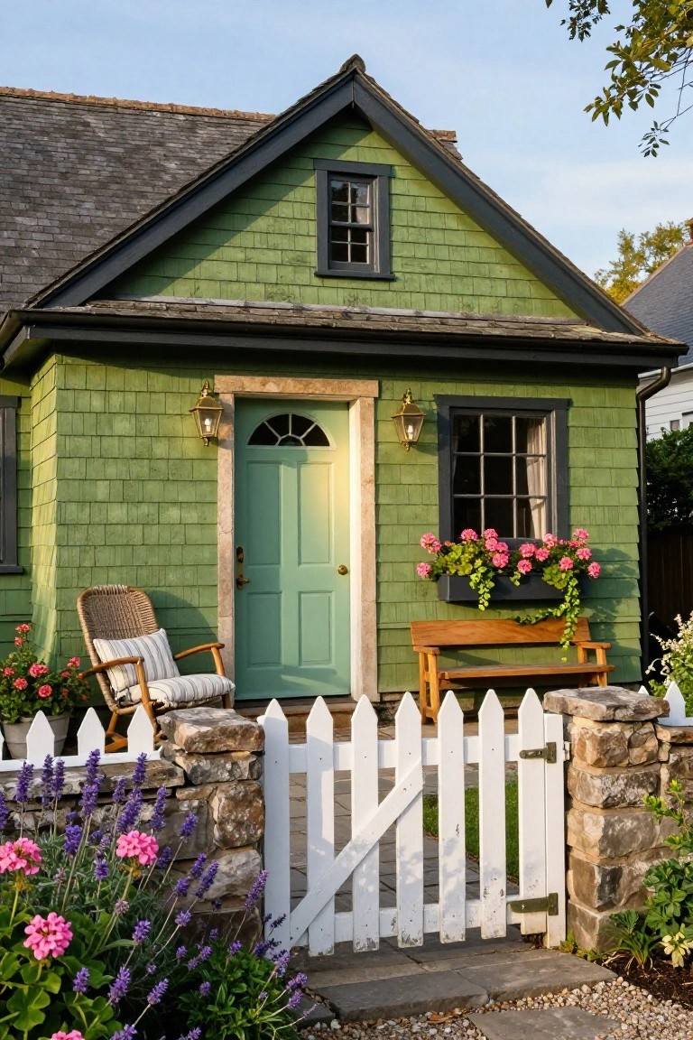 Small green shingled cottage exterior with black trim, arched turquoise front door flanked by lanterns, wooden bench, window box with pink flowers, white picket fence, and surrounding plants.