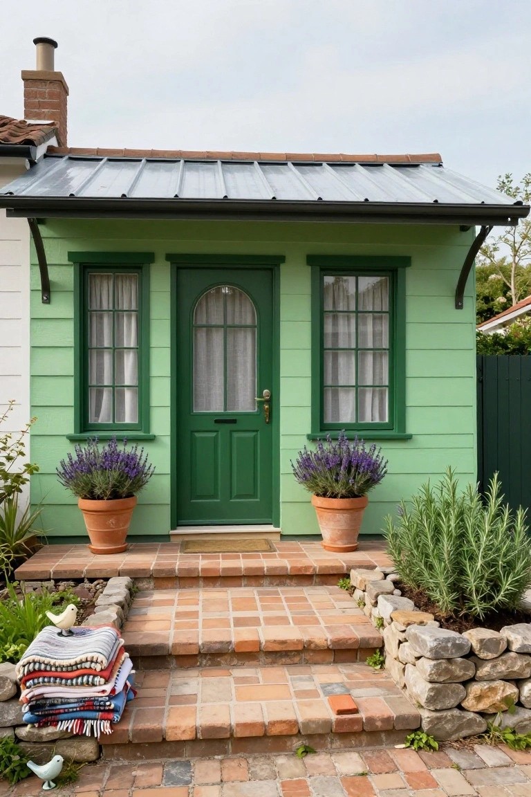 Small mint-green clapboard cottage with green arched-top door, matching green windows, potted lavender plants flanking the entry, brick steps, and stacked blankets on the stoop.