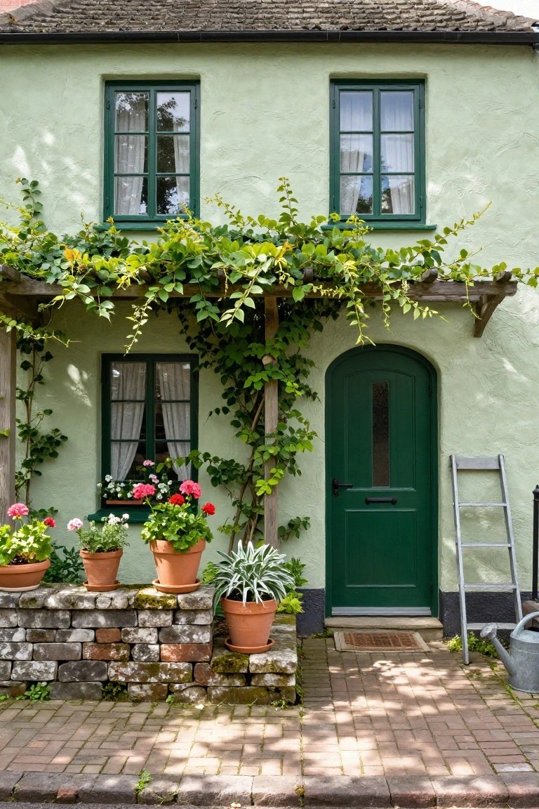 Pale green stucco cottage facade with dark green window frames and arched door, climbing vines over wooden pergola, potted plants and flowers on brick wall in front, metal ladder and watering can nearby.