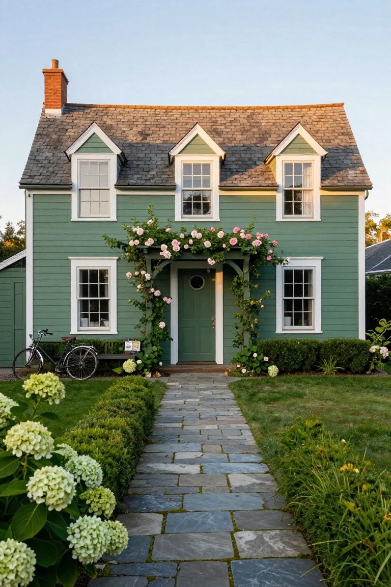 Green shingle-style cottage with pink climbing roses over a wood-arched front entry, white-framed windows, hydrangeas and boxwood shrubs along a stone pathway.