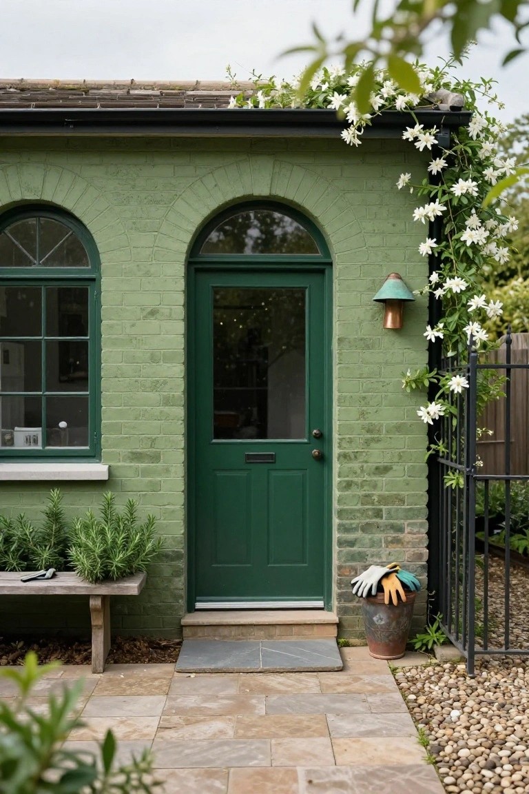 Sage green brick cottage exterior with two arched green-framed windows, dark green front door with glass panel, copper wall light, white star jasmine climbing the wall, wooden bench with potted rosemary plant, gardening gloves in terracotta pot beside stone steps and gravel path.