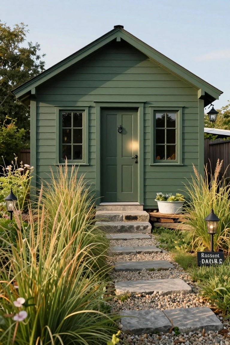 Small green clapboard gabled cottage with paned windows, green door, stone steps, tall ornamental grasses, potted plants, lanterns, and gravel path in a garden.