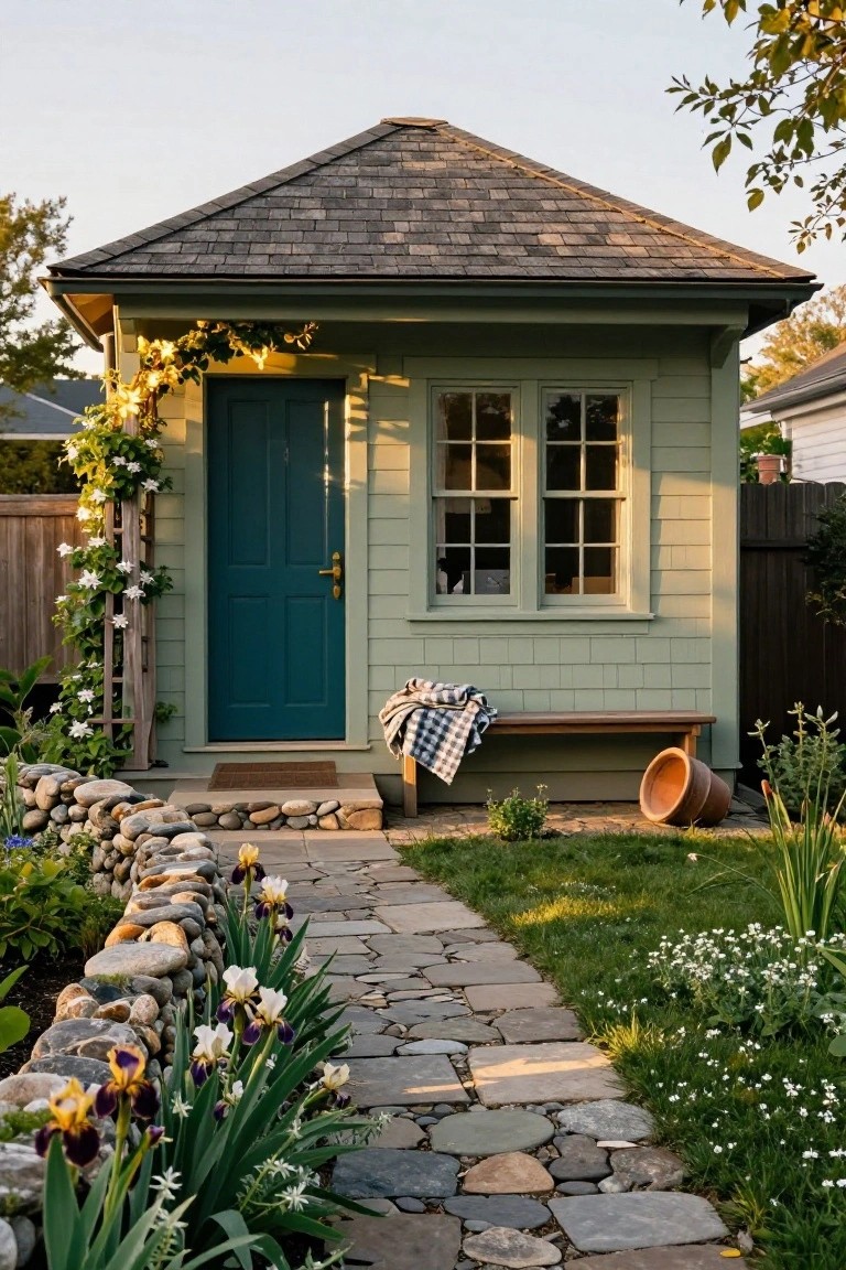 Small sage green shed with gabled roof, teal front door, single window, wooden bench with checkered blanket, climbing flowers on trellis, terracotta pot, stone pathway lined with iris flowers and rock wall in garden.