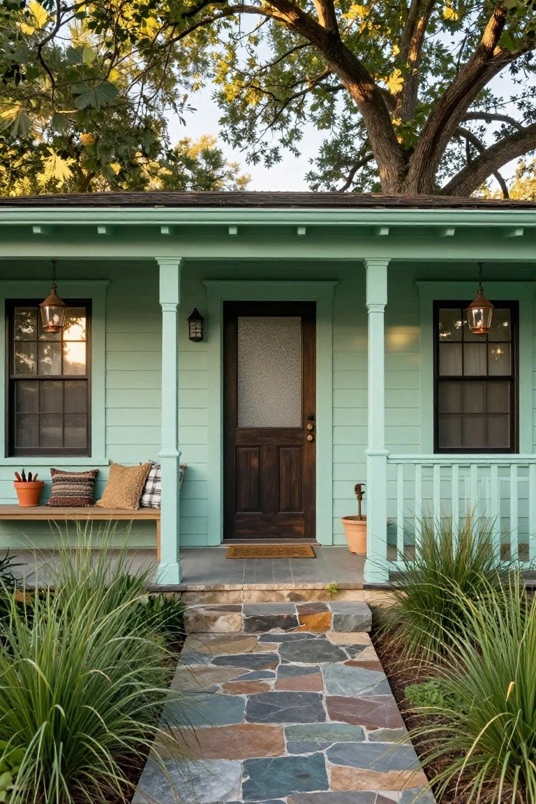 Front exterior of a light green clapboard cottage with covered porch, wooden bench with pillows and plants, dark wood screen and entry door, stone pathway edged by ornamental grasses under a large tree.