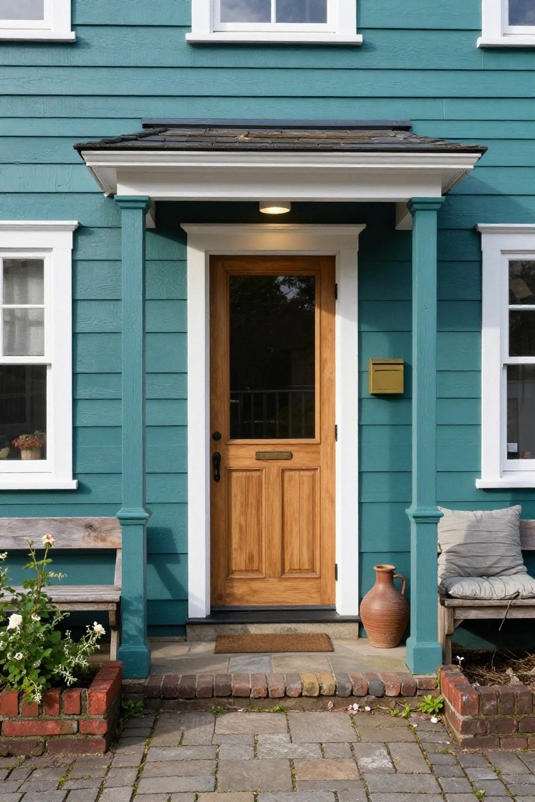 Front exterior of a two-story teal clapboard house with white-trimmed windows, a wooden front door under a covered porch supported by columns, wooden benches, potted plants, and a brick pathway.