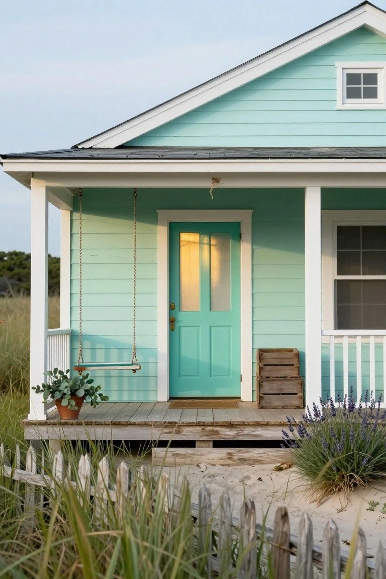 Turquoise clapboard cottage exterior with white trim, covered porch featuring a rope swing, turquoise glass-paneled door, wooden crate, potted eucalyptus, lavender plant, and white picket fence surrounded by beach grass and sand.