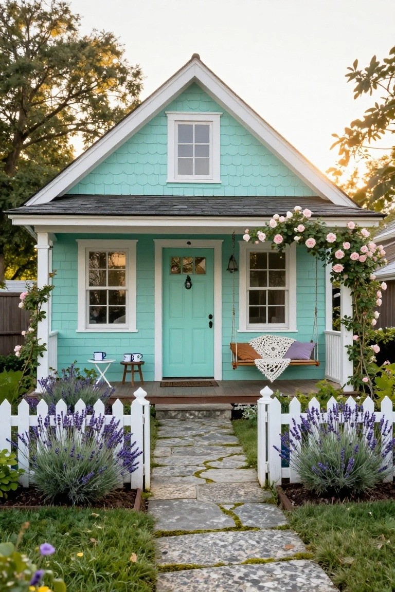 Small turquoise shingle-style cottage with white trim, mint green front door, porch swing with pillows and blanket, climbing pink roses, white picket fence, lavender beds, and irregular stone pathway.