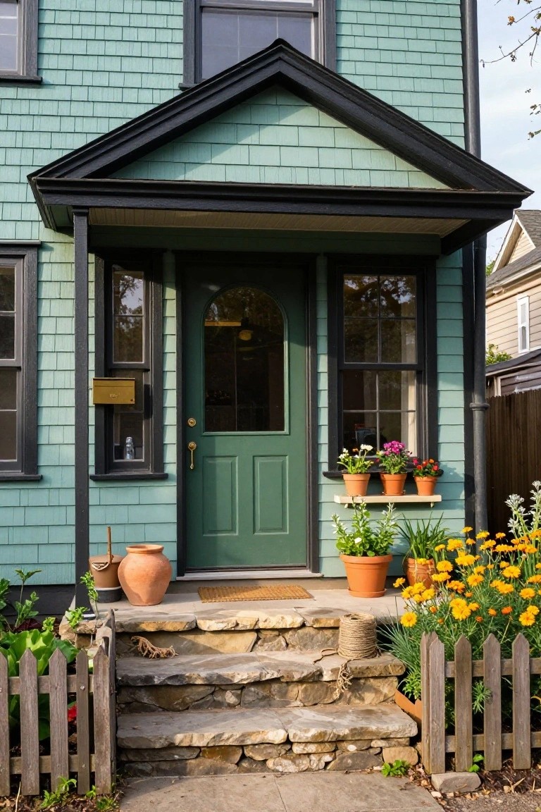Teal shingled two-story house with black-trimmed gabled porch, curved-top green front door and sidelight, flower pots on window shelf and ground, stone steps with picket fence.