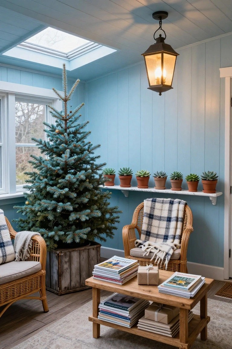 Light blue shiplap-walled sunroom with a small decorated Christmas tree in a wooden crate, two wicker armchairs with plaid blankets, wooden coffee table holding books and wrapped gifts, row of potted succulents on shelf, lantern pendant light, skylight, and window showing winter trees outside.