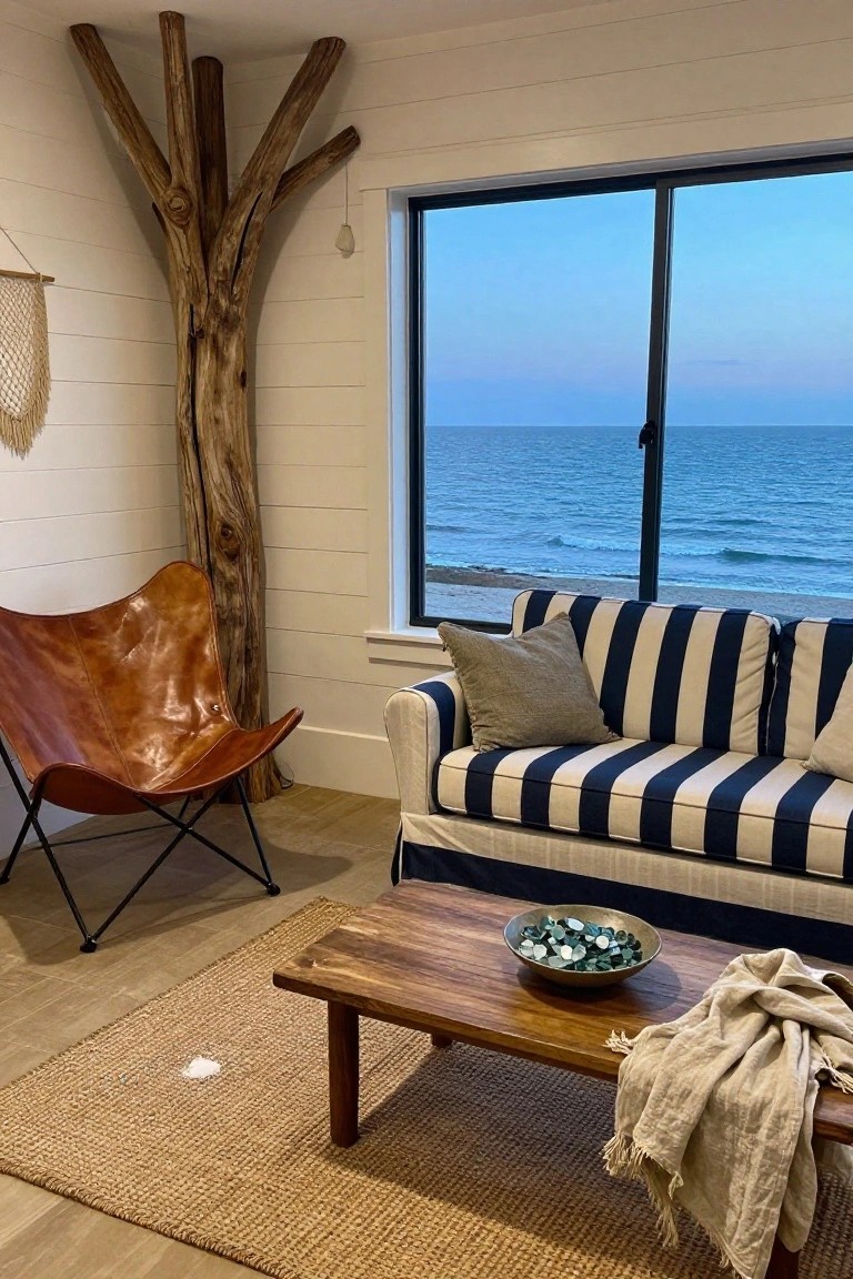 Indoor living room featuring a tall multi-branched driftwood trunk sculpture against a white shiplap wall, orange leather butterfly chair, blue and white striped sofa, wooden coffee table with green shell bowl and beige throw, seagrass rug, and large windows showing ocean view at dusk.