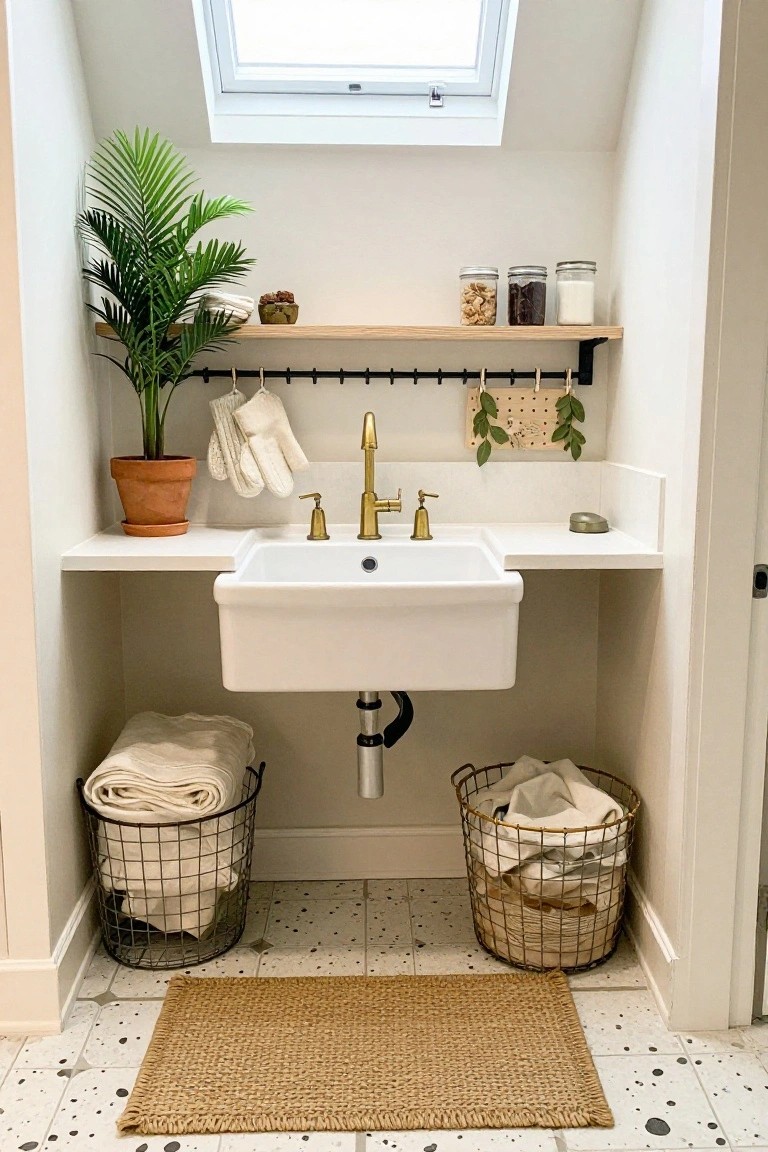 Small white bathroom under sloped ceiling with skylight, white farmhouse sink and gold faucet on countertop, potted plants, floating wooden shelf with jars, black hooks holding white gloves and linens, wire baskets with folded towels, seagrass rug on speckled white tile floor