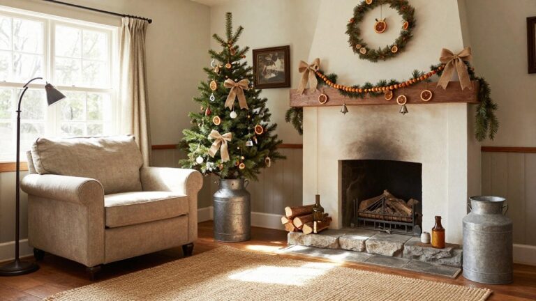 Cozy living room corner featuring a beige armchair, stone fireplace with wooden logs, two small decorated Christmas trees in galvanized metal buckets with burlap bows, wooden bead garland with bells and dried oranges on the mantel.