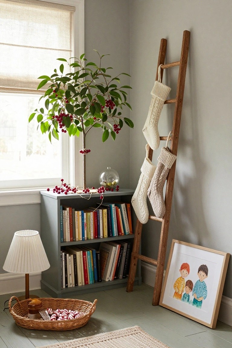 Corner of a pale gray room featuring a wooden ladder with white knit Christmas stockings hanging from the rungs, a potted tree with red berries, a low bookshelf filled with books, a lamp, and a woven basket of red and white candies on a green floor.