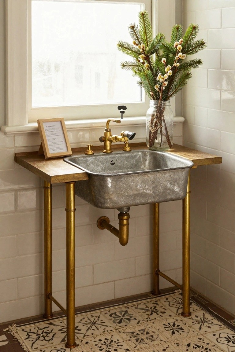 Galvanized metal sink on wooden counter with gold pipe legs in white subway-tiled room, mason jar of pine branches and pussy willows nearby, small framed sign, and patterned floor rug.