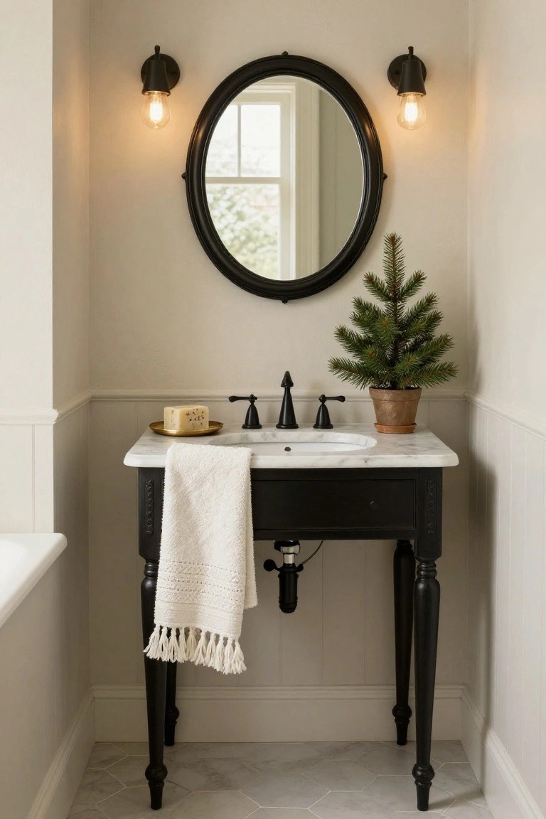 Small bathroom with black wooden vanity, white marble top, brass faucet, gold soap dish, folded white towel with fringe, potted mini Christmas tree, round black porthole mirror, and black wall sconces on beige wainscoted walls.