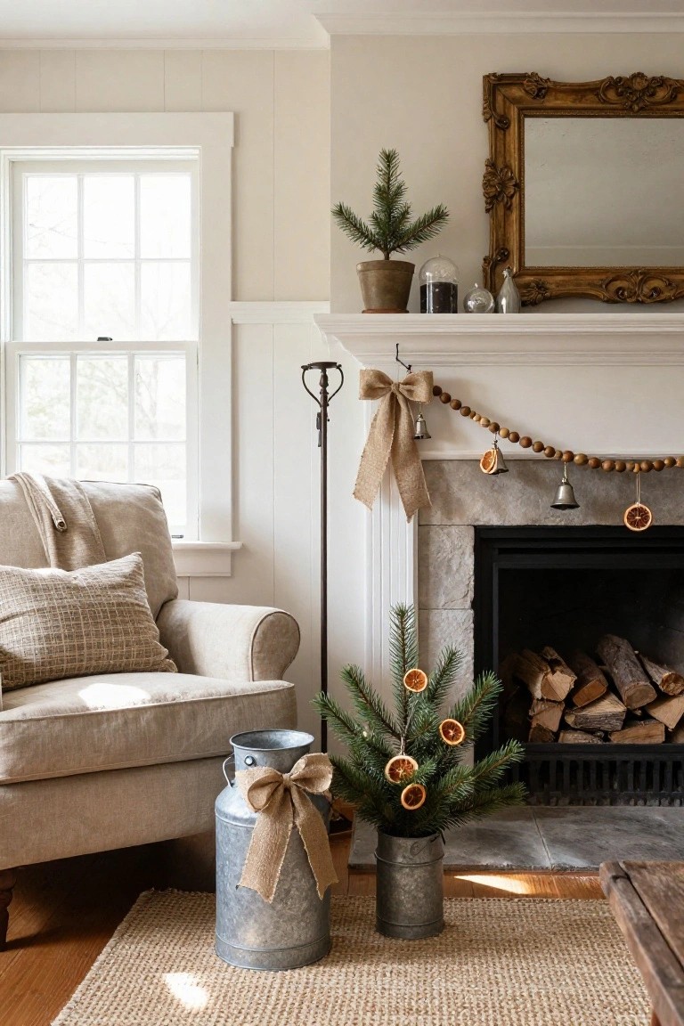 Cozy living room corner featuring a beige armchair, stone fireplace with wooden logs, two small decorated Christmas trees in galvanized metal buckets with burlap bows, wooden bead garland with bells and dried oranges on the mantel.