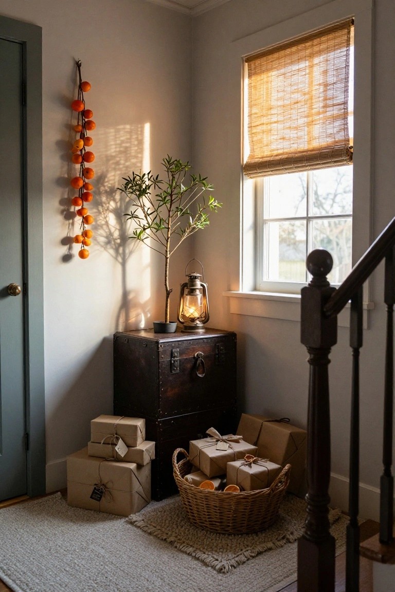 Interior corner with light walls, green door, bamboo window shade, orange garland, olive tree, lit lantern on wooden chest with stacked kraft-wrapped gift boxes, wicker basket of oranges and gifts on rug near wooden staircase.