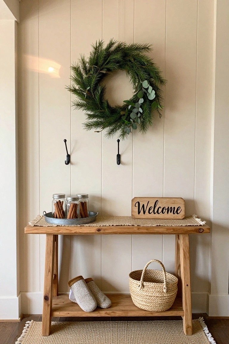 Beige shiplap wall with pine and eucalyptus wreath hanging between two black wall hooks above a rustic wooden console table holding a galvanized tray of cinnamon stick jars, a wood Welcome sign, beige knit slippers, and straw basket on lower shelf, seagrass rug in front.