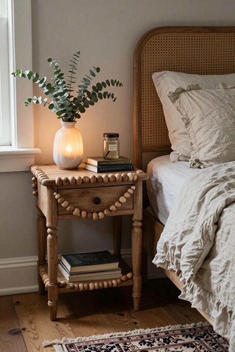 Wooden nightstand with beaded garland trim holding stacked books, a white ceramic lamp, glass candle jar, and vase of eucalyptus branches beside a rattan headboard bed with white linens on hardwood floor.