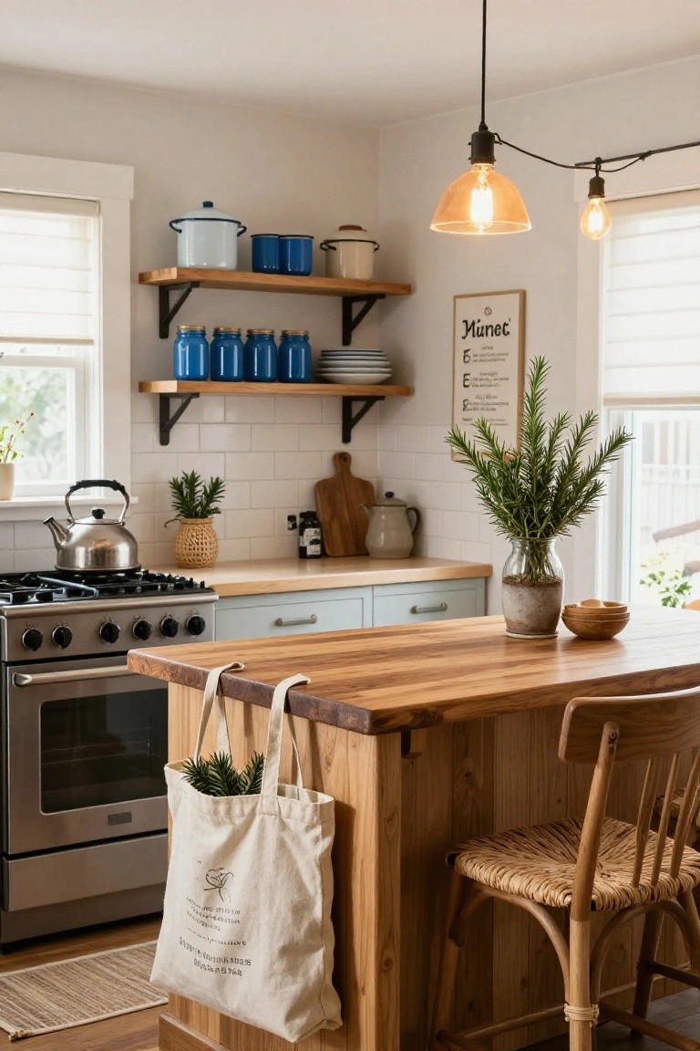 Country kitchen with wooden island, blue jars on open shelves, stove, kettle, plants, and rattan stools.