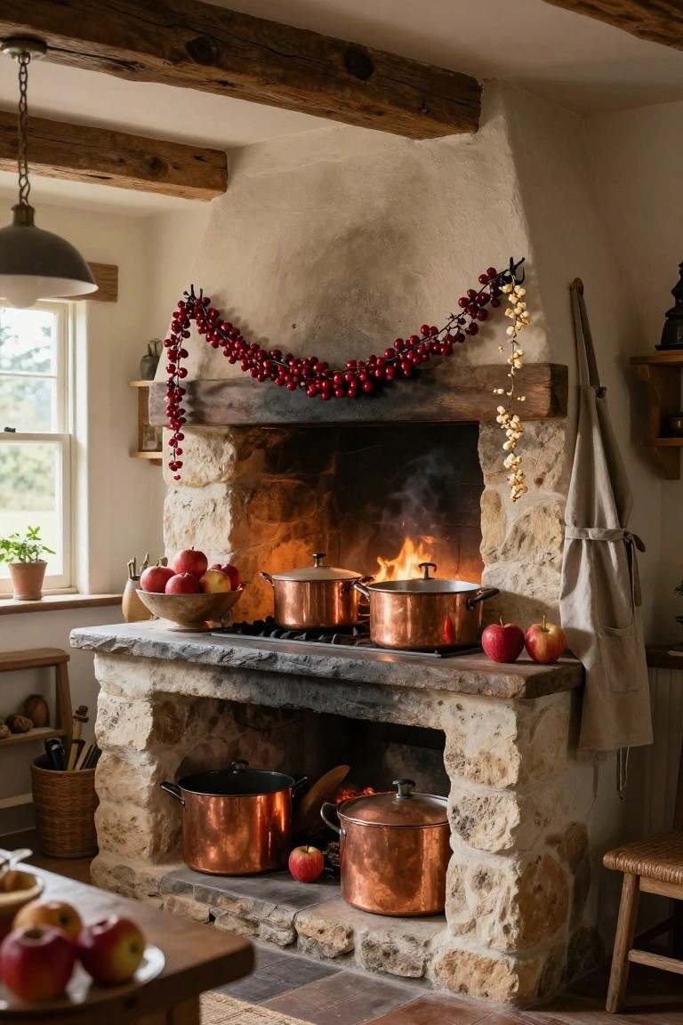 Rustic country kitchen with stone fireplace, copper pots on hearth ledge, red berry garland draped over arch, bowls of apples, wooden beams, and window with plants.