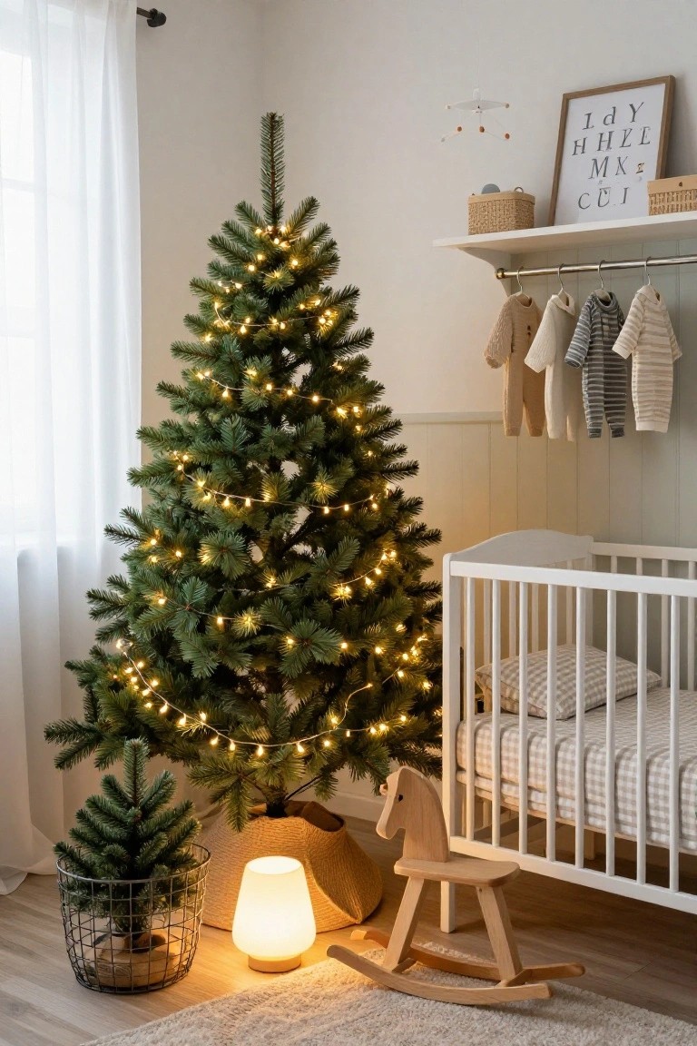 A nursery room with a small lit Christmas tree next to a white crib, wooden rocking horse on the floor, baby clothes hanging from a rail above shelves, and neutral walls with sheer curtains.