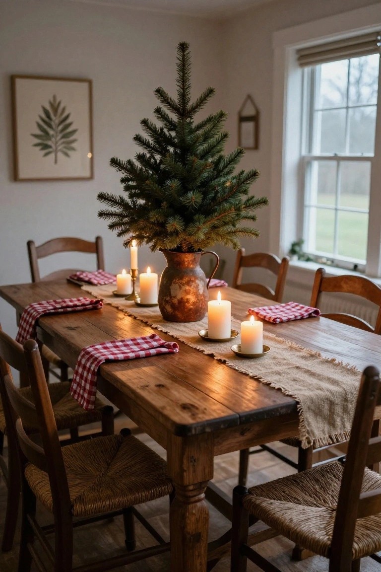Rustic wooden dining table in a cozy room with a small potted Christmas tree in a copper pitcher as centerpiece, white candles on brass holders and saucers, red checkered napkins, burlap runner, and wooden chairs with rush seats.