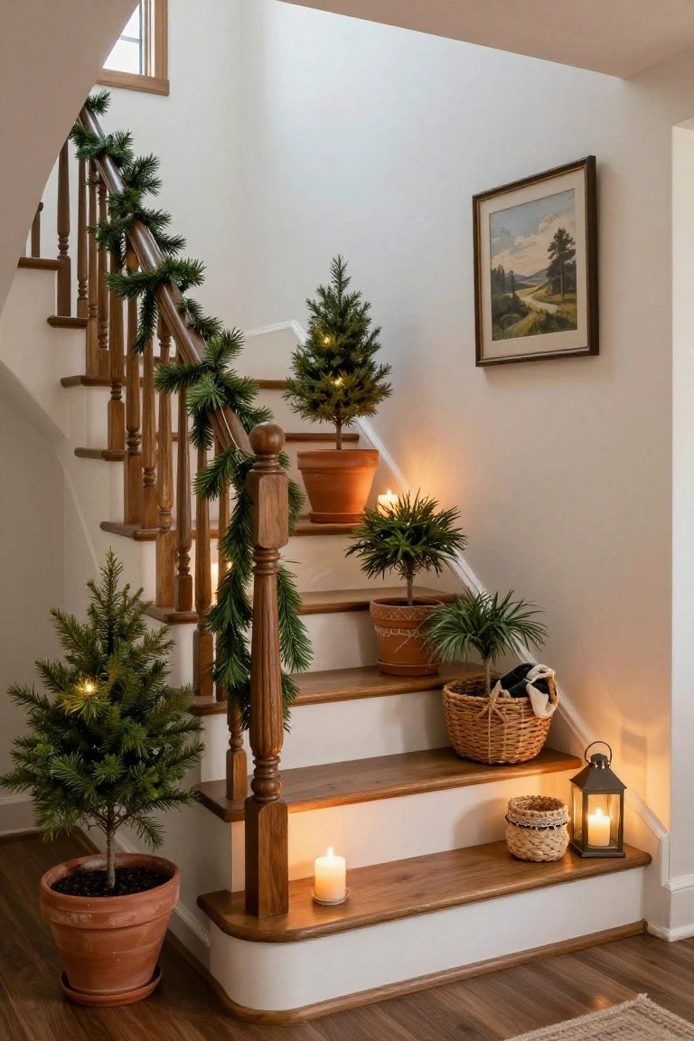 Wooden staircase decorated with green garland on railing and banister, small lit potted Christmas trees on steps and floor in terracotta pots, potted plants, woven baskets, candles, and a framed landscape painting on white walls.