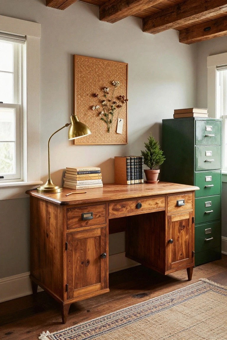 Cozy home office interior featuring a wooden desk topped with books, a brass lamp, pencil, and small potted fir tree next to a green metal filing cabinet and corkboard with dried flowers on the wall.