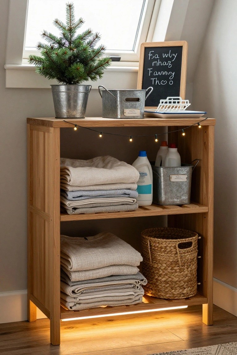 Wooden open shelving unit holding stacked linens, laundry detergent bottles, metal buckets, woven basket, and small potted Christmas tree in bucket, with string lights and chalkboard sign beside skylight window.
