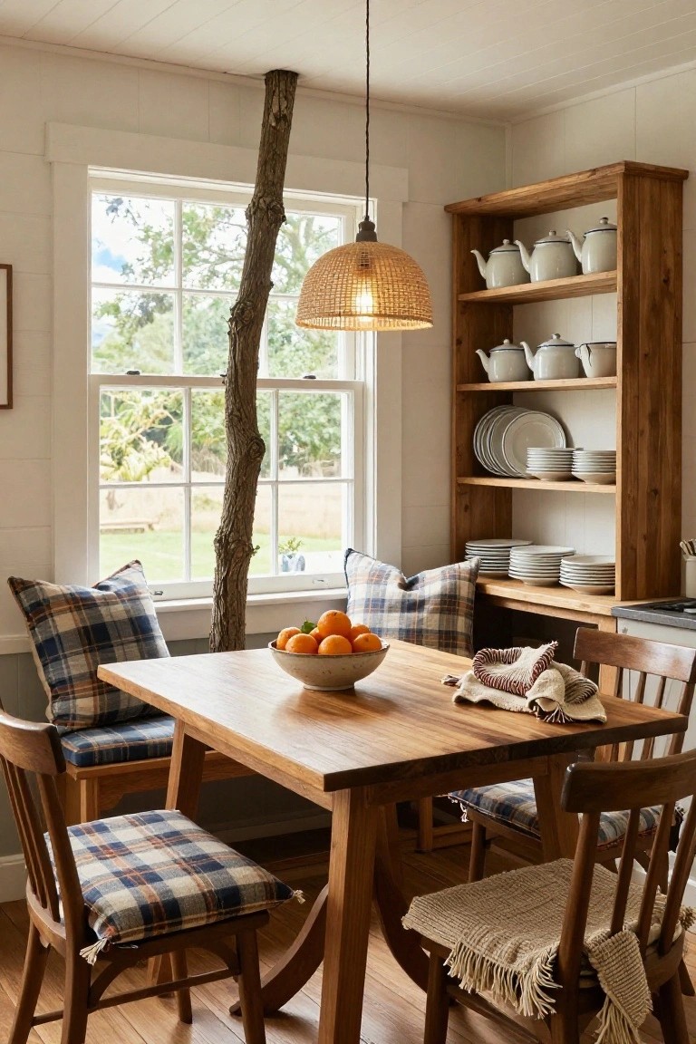 Cozy kitchen dining area with wooden table holding oranges in a bowl, plaid cushions on chairs, wooden shelves stocked with white teapots and plates, rattan pendant light, and a large tree trunk pillar by the window overlooking greenery.