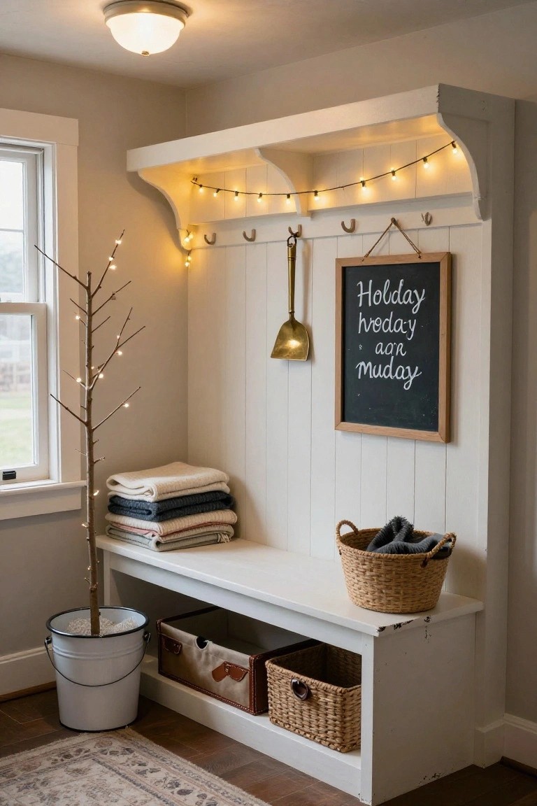White wooden mudroom cabinet with overhead shelf strung with lights, wall hooks, gold-handled scoop, chalkboard sign, bench seat with stacked blankets, storage cubbies holding baskets and boxes, wicker basket with towels on bench, and tall bare twig tree lit with lights in metal bucket next to window.