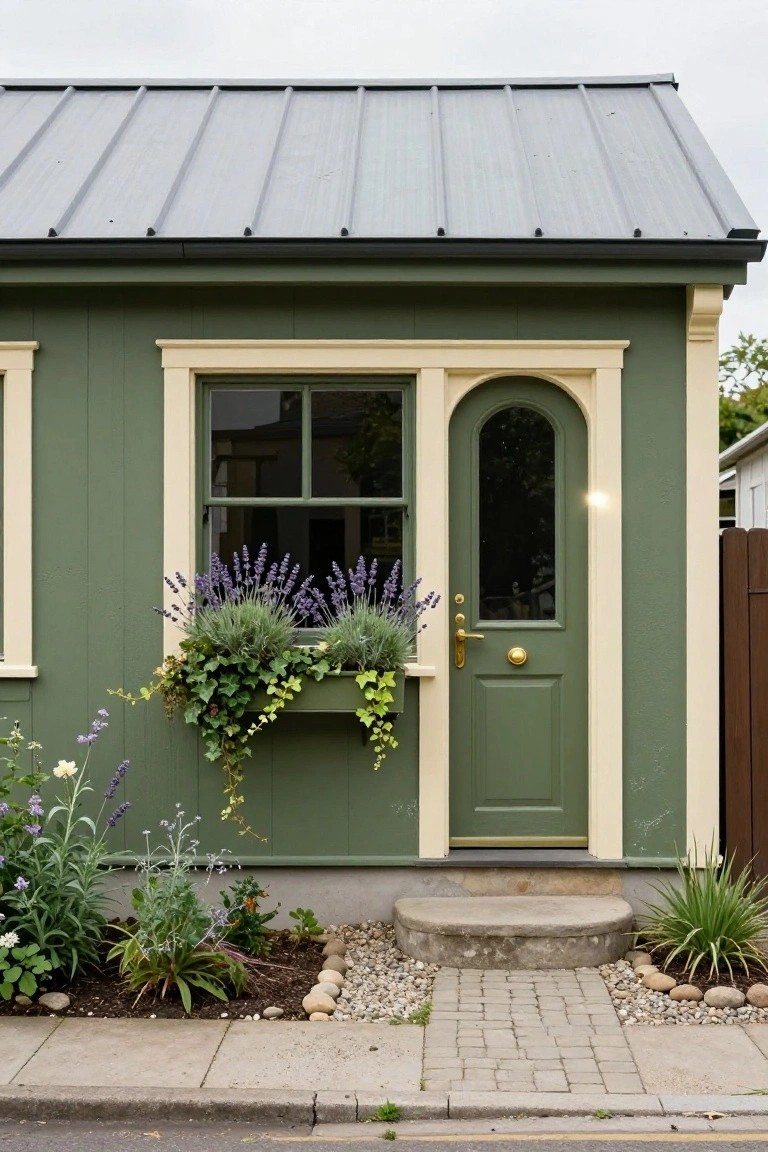 Sage green clapboard cottage exterior with cream trim, rectangular window holding lavender and ivy window box, adjacent arched green door with brass handle and knocker, curved concrete entry step, front landscaping with plants and pebbles, and paved path.