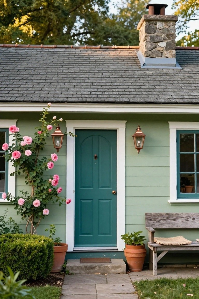 Mint-green clapboard cottage exterior with dark teal arched front door framed by climbing pink rose vines, flanked by copper lanterns, windows with teal trim, boxwood shrubs, potted plants, and wooden bench on stone path.