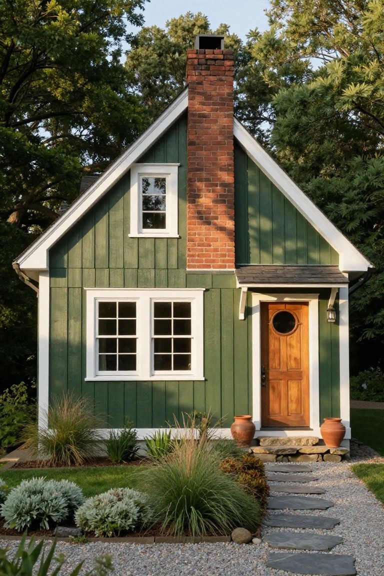Small gabled green house with board-and-batten siding, white trim, red brick chimney, porthole door on front entry, lantern light, and front landscaping with grasses, pots, and stone path.