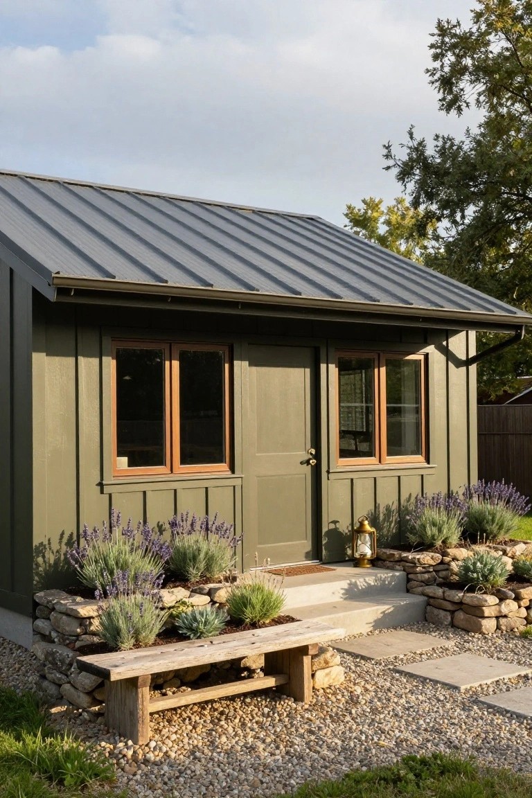 Small dark green board-and-batten shed with wood double casement windows, paneled door, overhanging gray corrugated metal roof, stone retaining walls with lavender plants, wooden bench, concrete steps, and gravel path.