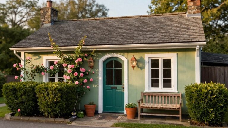 Mint-green clapboard cottage exterior with dark teal arched front door framed by climbing pink rose vines, flanked by copper lanterns, windows with teal trim, boxwood shrubs, potted plants, and wooden bench on stone path.