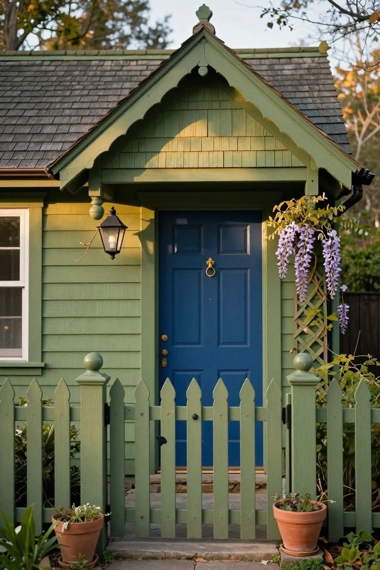 Small sage green shingled cottage exterior with gabled entry, bright blue paneled front door, white picket fence gate, hanging lantern, wisteria vines on trellis, and potted plants by the steps.
