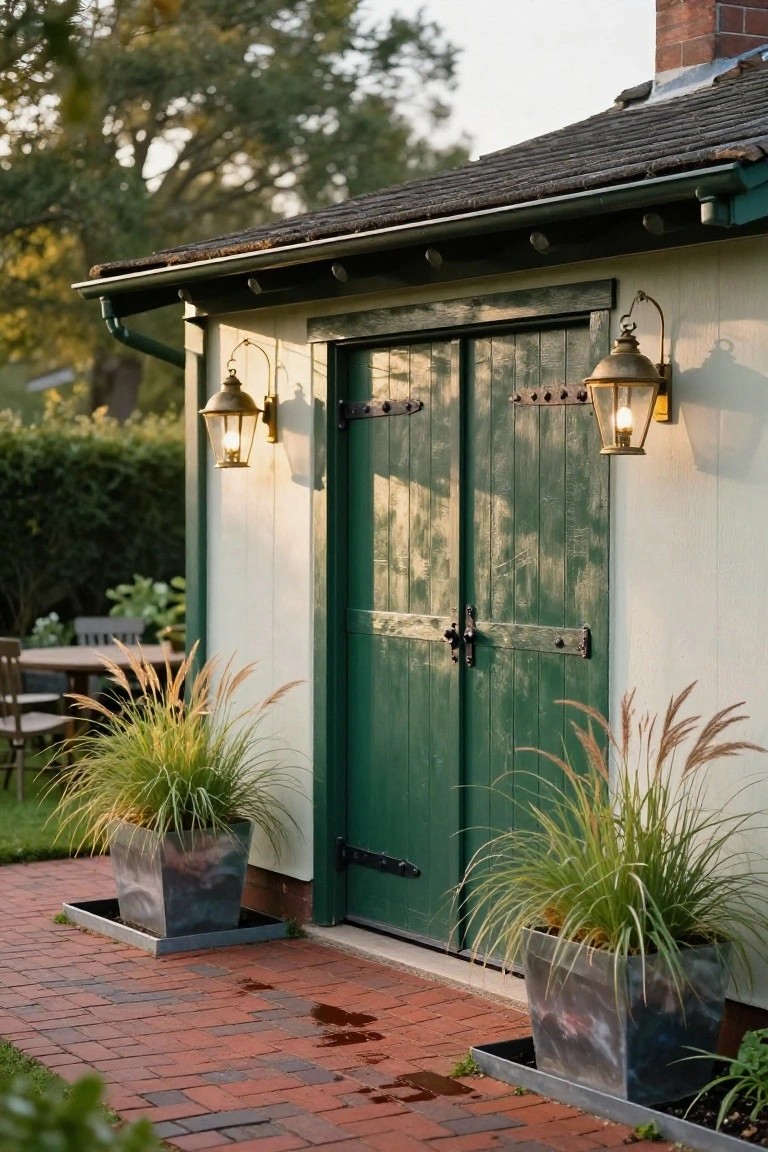 Small white garden shed with dark green double barn-style doors centered on the facade, flanked by brass lanterns and large metal pots of ornamental grasses on a brick pathway.