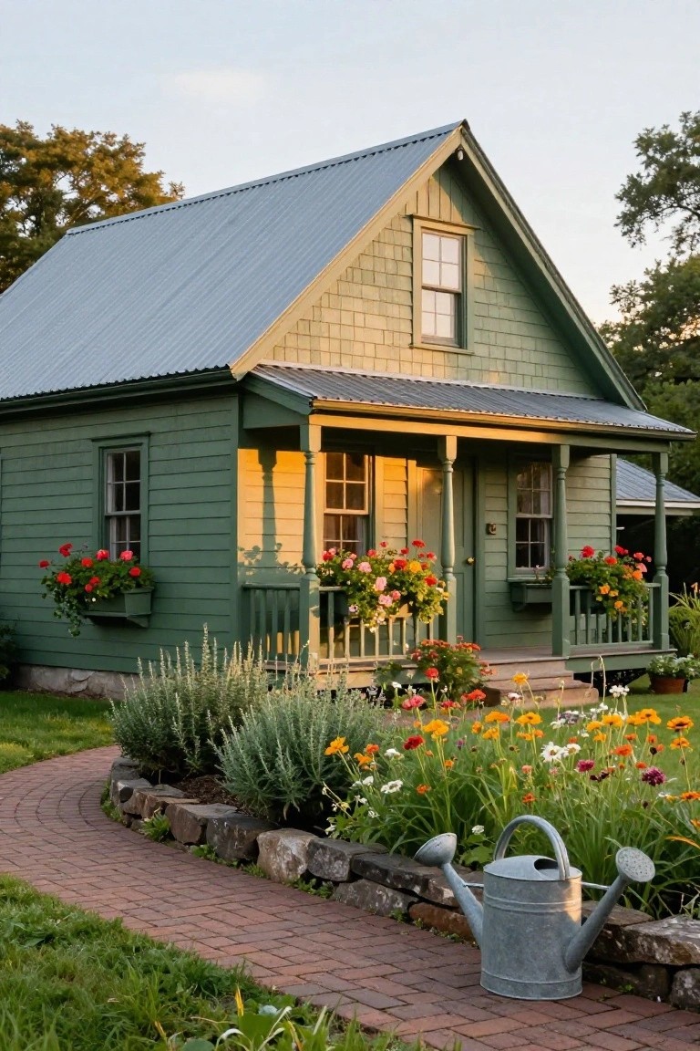 Green shingled cottage with gabled metal roof, covered front porch, window flower boxes, hanging baskets, colorful flower garden along brick path edged in stone, and metal watering can beside the path.