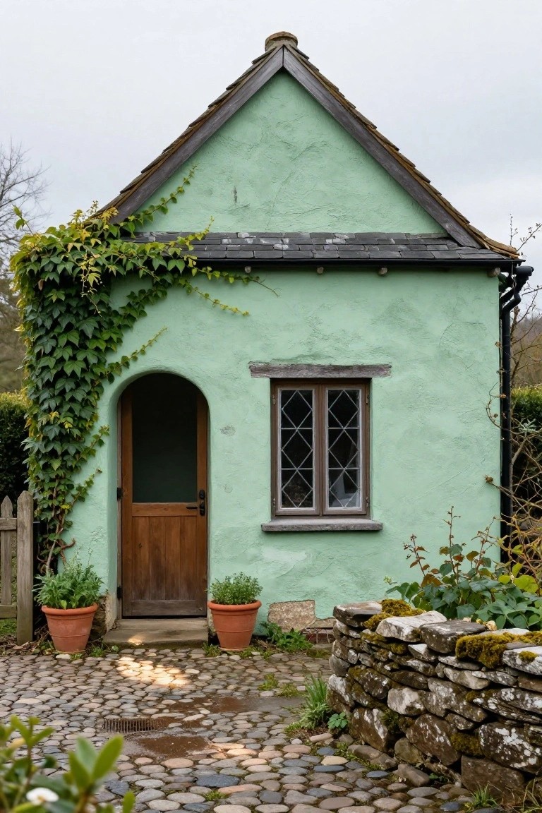 Small mint-green stucco cottage with ivy climbing left wall, arched wooden door, leaded window, two potted plants by entrance, cobblestone path, and mossy stone wall.