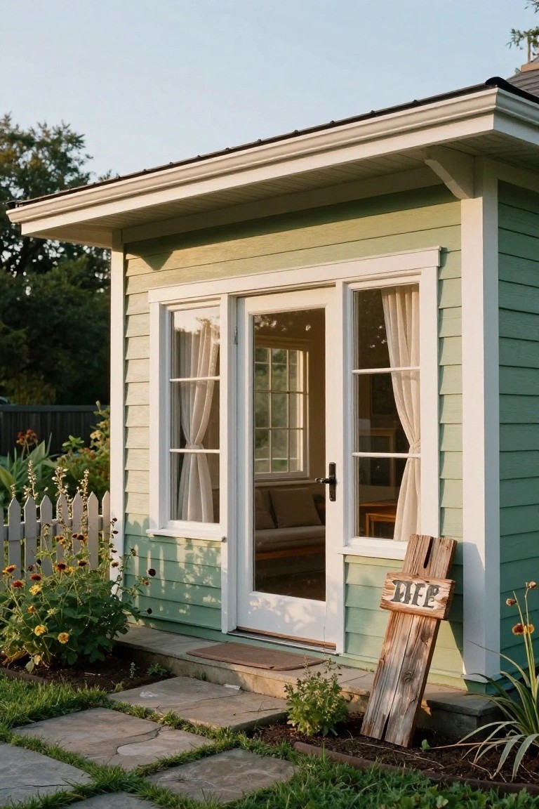 Pale green clapboard garden shed with white-trimmed double French doors and side window, sheer curtains inside, rustic wooden sign reading 