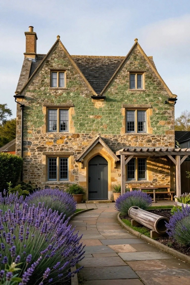 A two-story gabled cottage with green moss-covered stone walls, arched front door under a wooden pergola, lavender bushes along a curving stone path, and trees in the background.