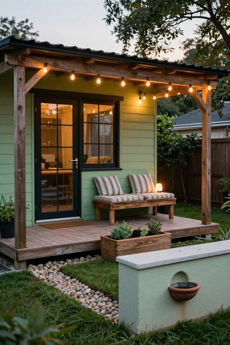 Small sage-green wooden shed with black-framed glass doors and windows, covered wooden porch with cushioned bench and string lights, potted plants, gravel path, and lawn in a backyard at dusk.