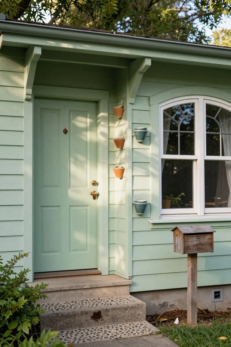Mint-green clapboard cottage exterior with matching green front door, hanging terracotta and blue pots beside the entry, white-curved window with indoor plant, wooden mailbox on post, and pebbled concrete steps.