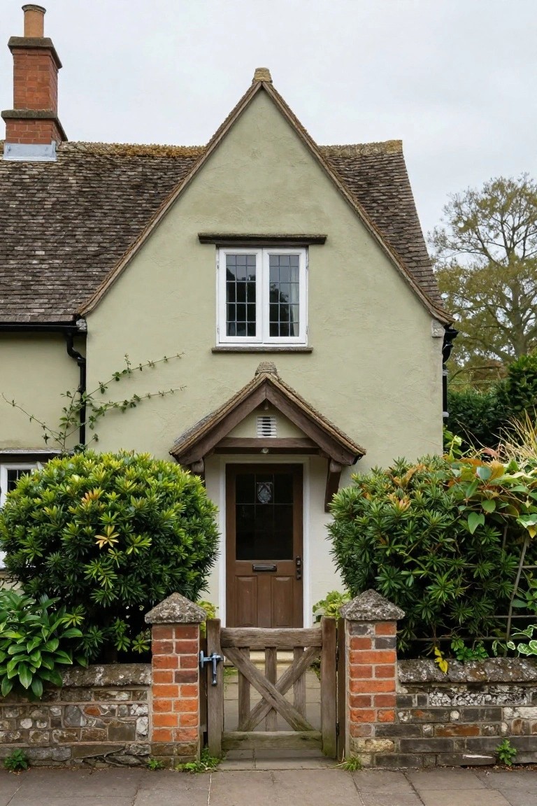 Pale green rendered cottage house with gabled roof, timber porch over the front door, symmetrical boxwood shrubs on brick pillars flanking a wooden latch gate, surrounded by garden plants and a low stone wall.