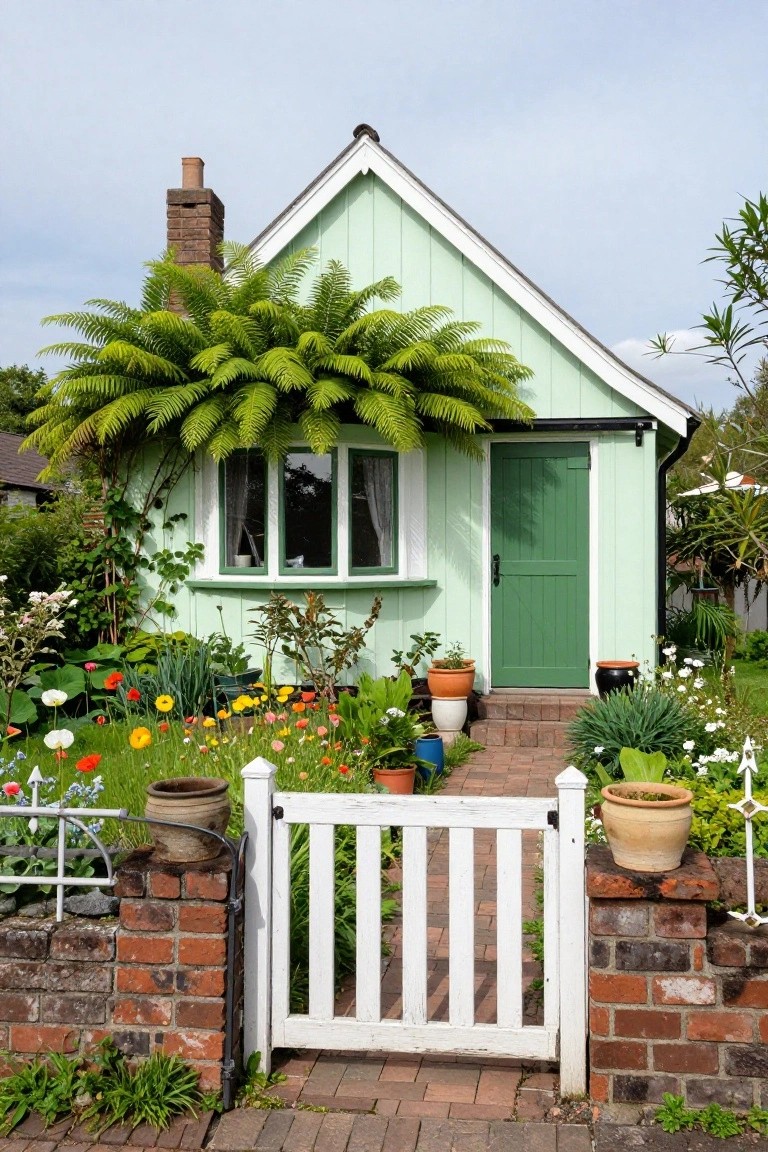 Pale green clapboard cottage with white gable trim, brick chimney, bay window covered in ferns, green front door, colorful flower beds, potted plants, and white picket gate on brick walls along a brick path.