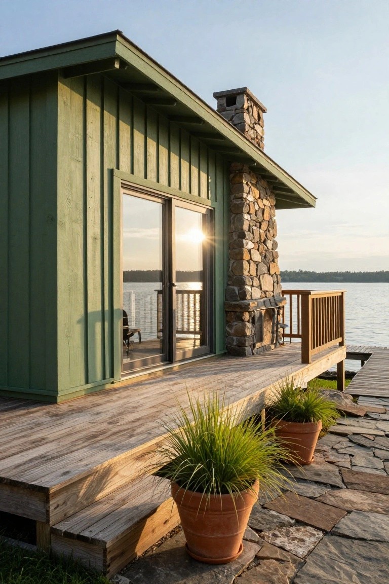 Green board-and-batten wooden cottage with tall stacked stone chimney, sliding glass doors opening to wooden deck and dock on a lake at sunset.